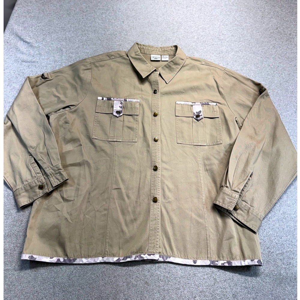 Carolina Colours Plus Utility Shirt Womens 22W Khaki Tan Camo Trim Cotton Jacket